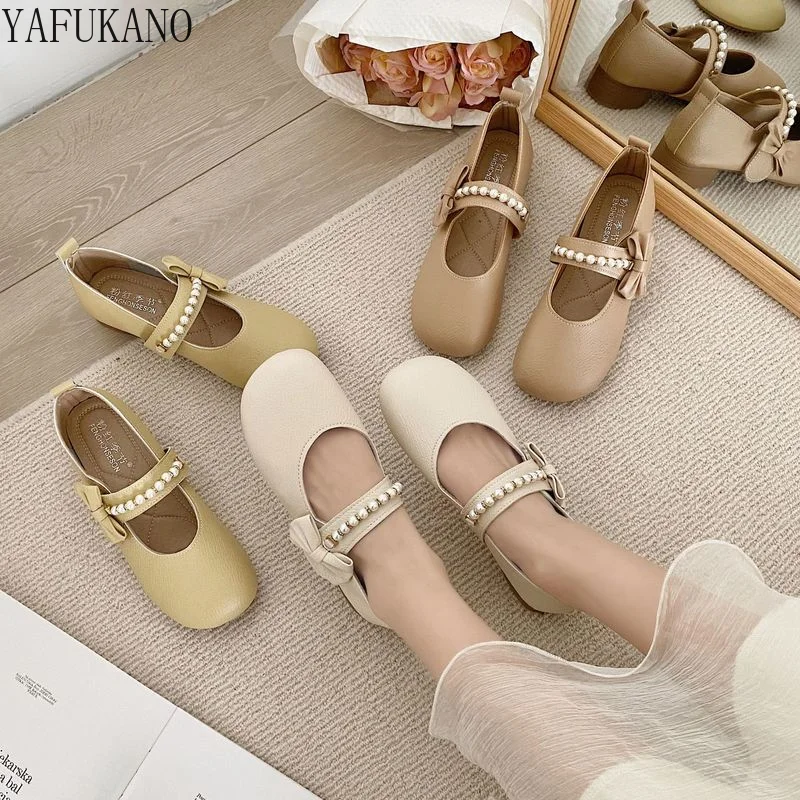 

Pearl Retro Chunky Heel Temperament Small Leather Shoes Womens Pumps Bow Decor Soft Bottom Fashion Single Shoes Party Shoes