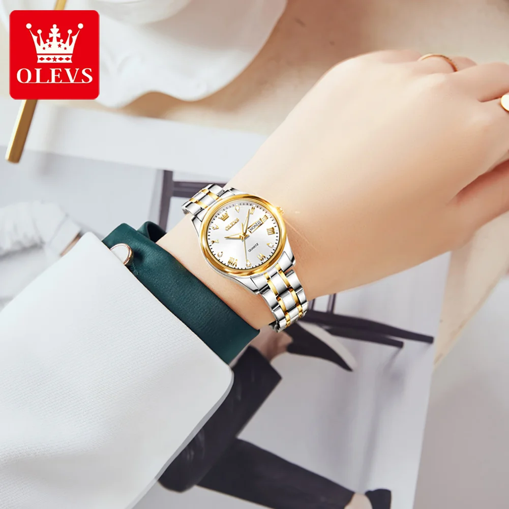 OLEVS New Luxury Brand Casual Fashion Quartz Womens Watches Stainless Steel Strap Waterproof Wear Resistant Band Weekly Calendar
