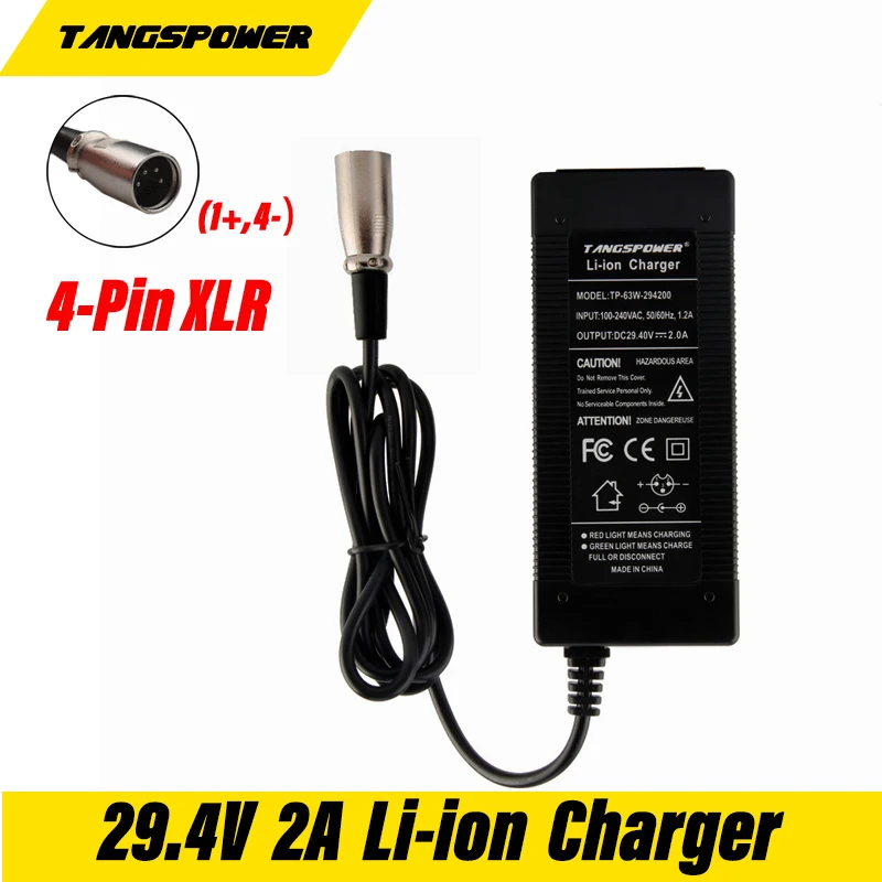 2A 29.4V Charger for 24V 25.2V 25.9V 7S Lithium Battery Pack 29.4V E-Bike Charger4 Pin in XLR Line Connector