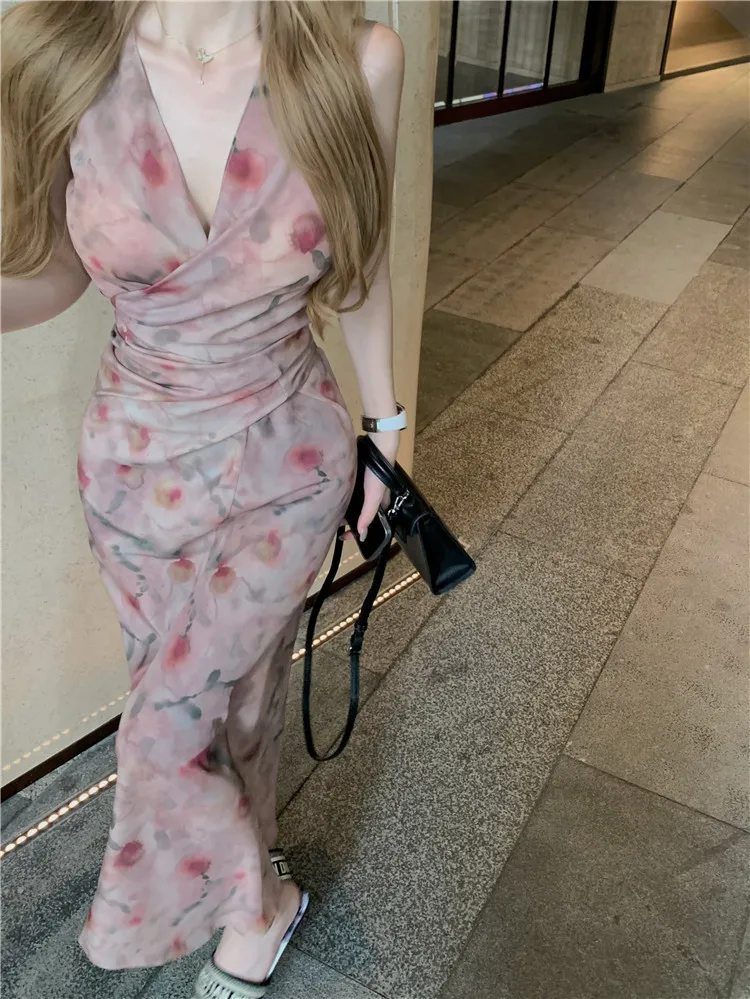 

Flower Design fit Summer Midi Long Dress with Lace-Up Tie Belt Women Chiffon Floral Dresses korean clothes y2k boho elegant