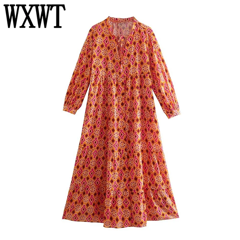 

WXWT 2022 Women Geometry Print Midi Dress Autumn Long Sleeve O Neck Female Streetwear Loose Dress Vestidos XX8741