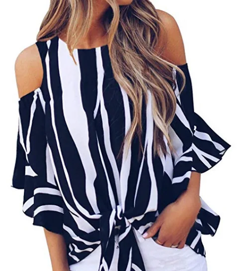 

Summer Fashion New Women's Tops Round Neck Strapless Flared Seven-point Sleeve Vertical Striped Casual T-shirt