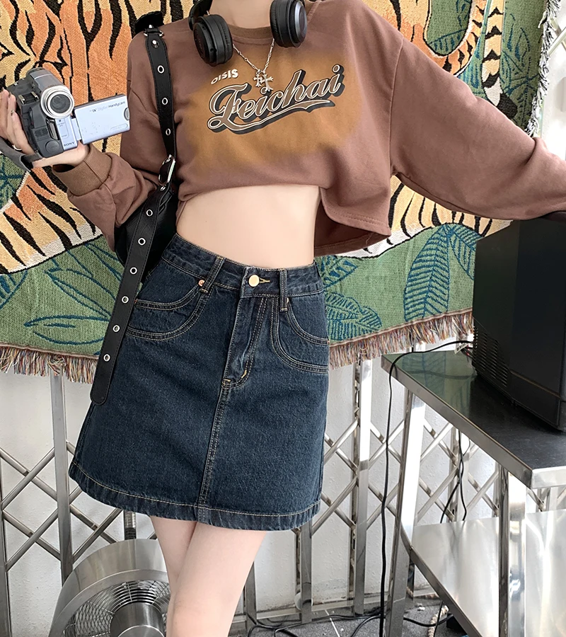 Vintage Denim Skirt Women's Dark Blue Summer High Waist Slim A-line Wrapped Hip Short Skirt Fashion
