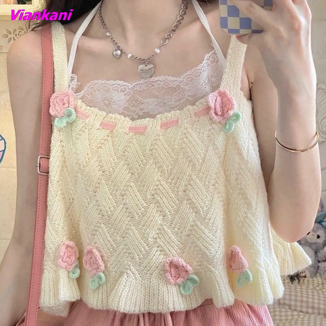

Japanese Kawaii Chic Tank Tops Women Sweet Flower Embroidery Cute Knitted Tanks Preppy Style Casual Sweater Vest Summer 2023 New