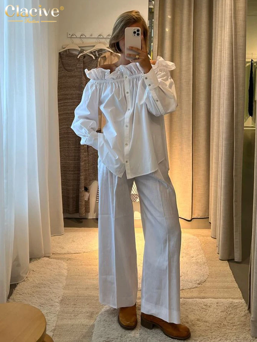 

Clacive Fashion Loose White Cotton 2 Piece Sets Women Outfit Casual Slash Neck Long Sleeve Shirt With High Waist Pant Set Female