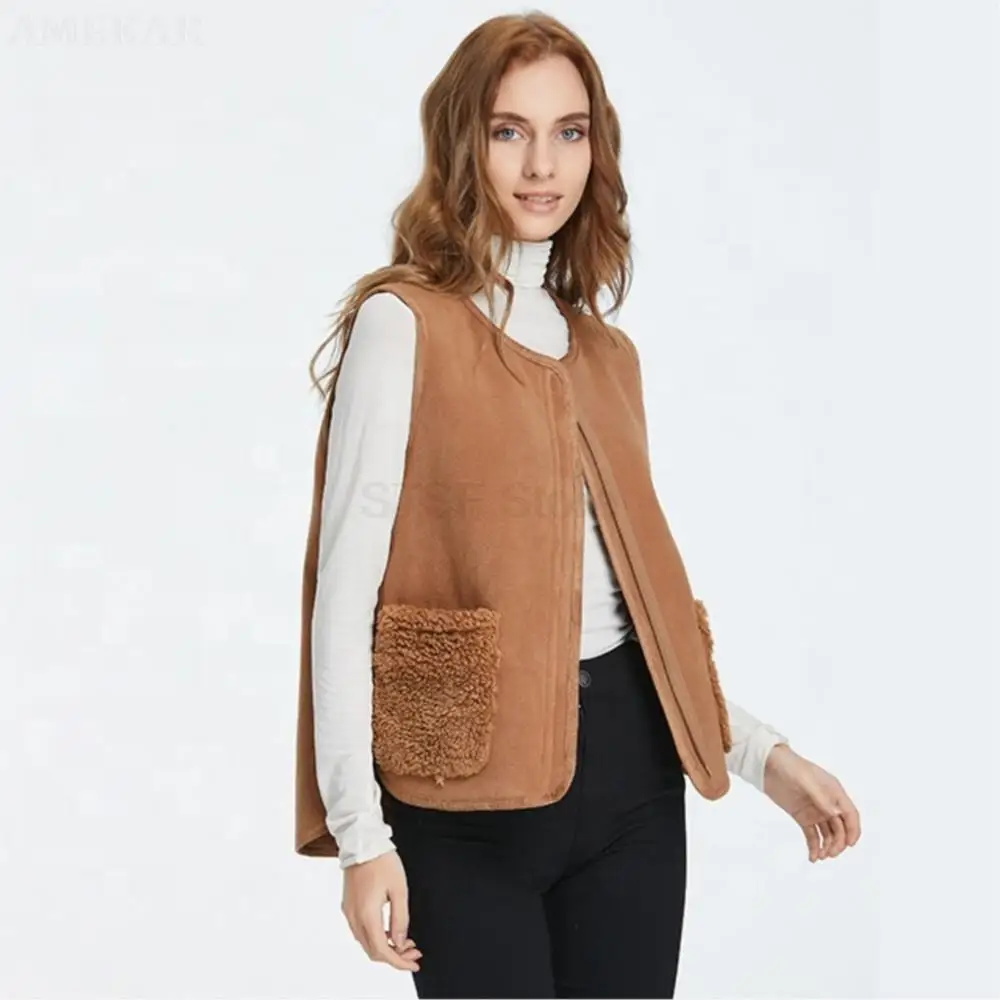 Women Winter Real Fur Zipper Vest Pure Color o-neck Fleece Adult Coat Real Fur Dual Pocket Thermal Elegant Women's Vest 2022