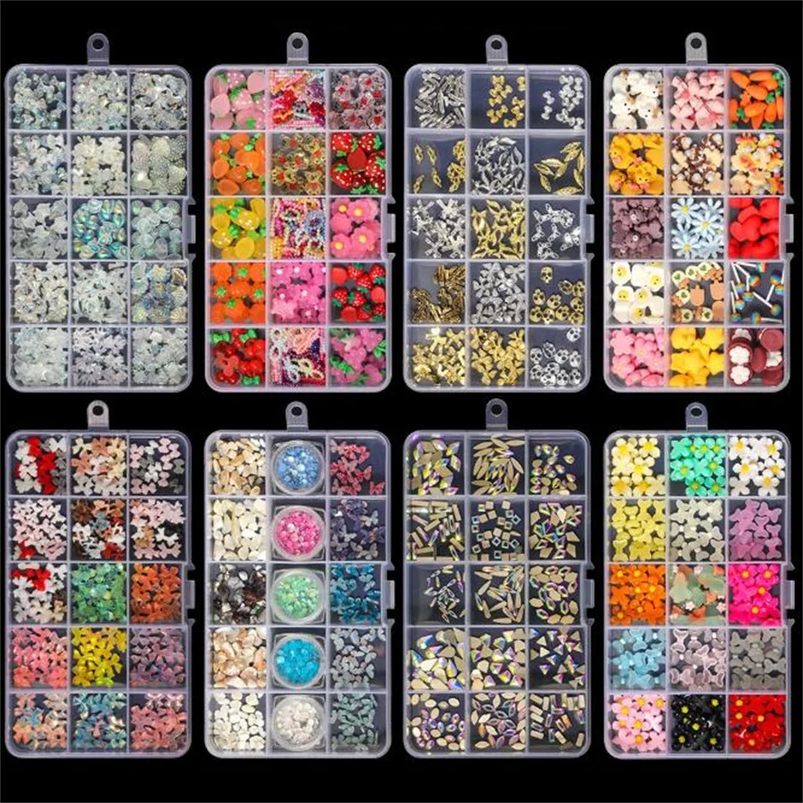 

15 Grid Korean Kawaii Nail Art Charms Gummy Bear Aurora Bownot Candy Design Mix 3D Cartoon Nails Rhinestones Decorations