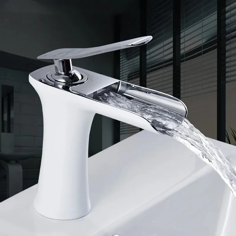 

Смеситель водопад для ванной, кран для раковины, одно отверстие, одна ручка, холодная и горячая вода, Белый Хром