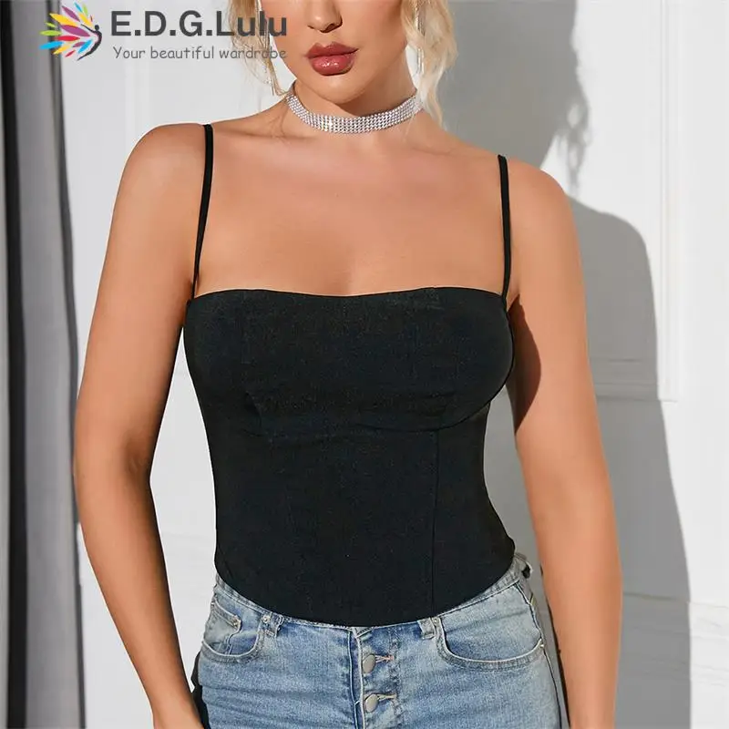 

EDGLuLu 2022 New Fashion Women Spaghetti Strap Square Neck Crop Top Sexy Bodycon Sleeveless Backless Black Camisole 1120