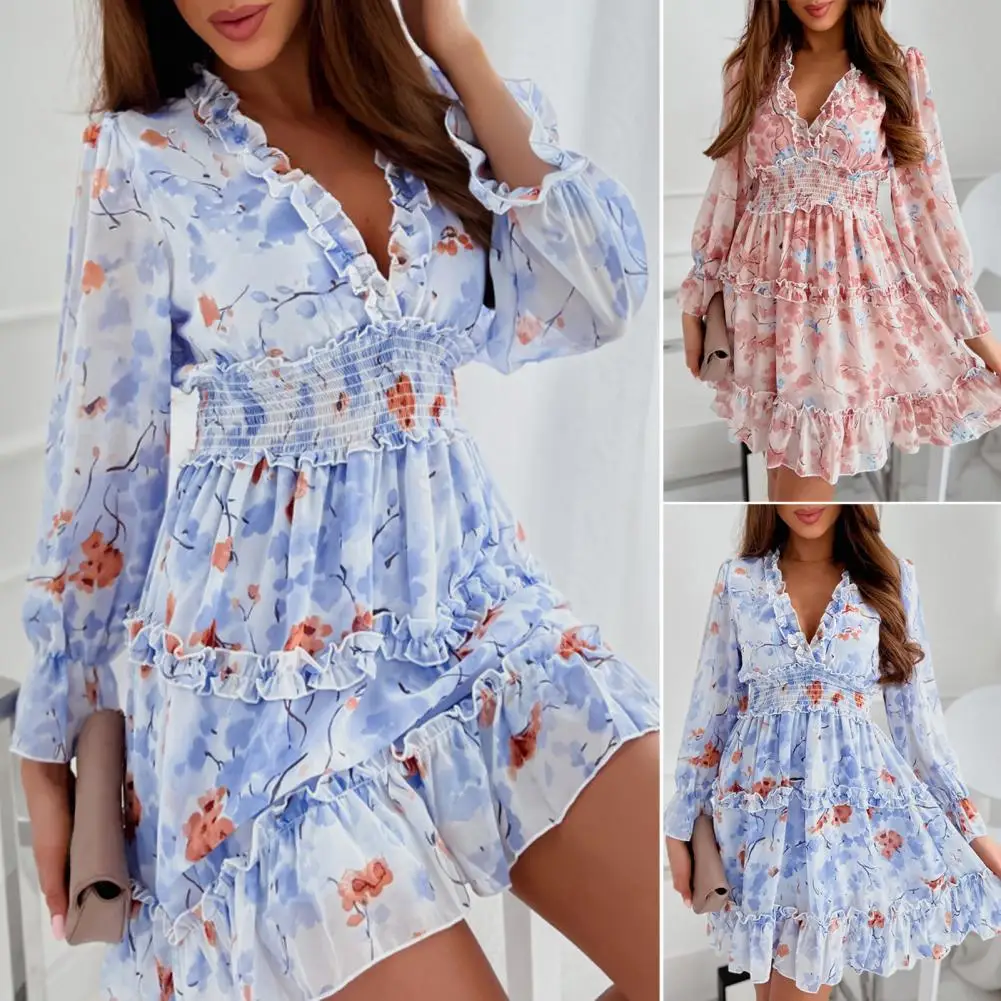 

Floral Ladies Dress V Neck Zipper Ruffle Sleeve Mini Dress for Holiday