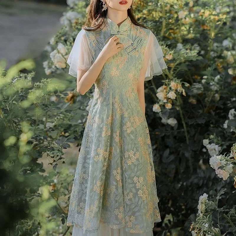 Винтажное Сетчатое платье-Ципао с вышивкой и высокой талией в китайском стиле |