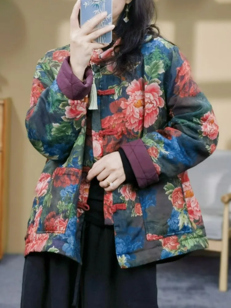 Осенне-зимнее стеганое хлопковое пальто с цветочным принтом женские