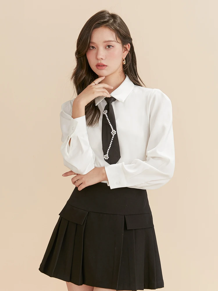 ONE-T All Season Business Shirts For Women White Polo Collar Long Sleeves Shirts With Neck Tie Office Lady Tops For Young Girl