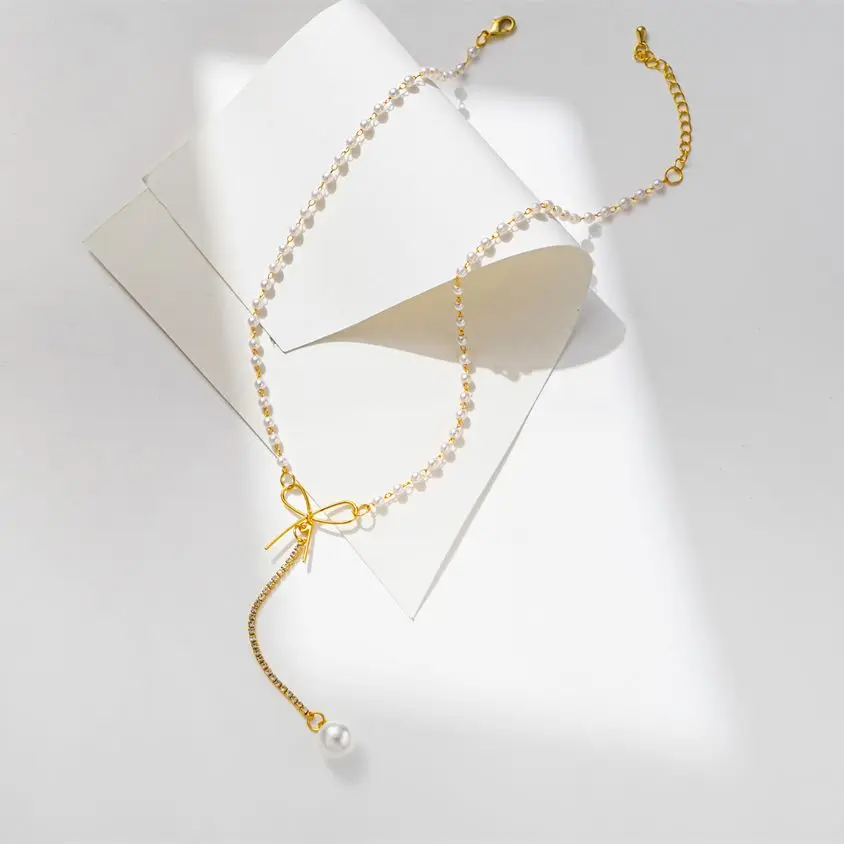 

French Elegant Pearl Zircon Tassel Choker Pendant Necklace For Women Bow Collarbone Clavicle Chain Gifts Jewelry