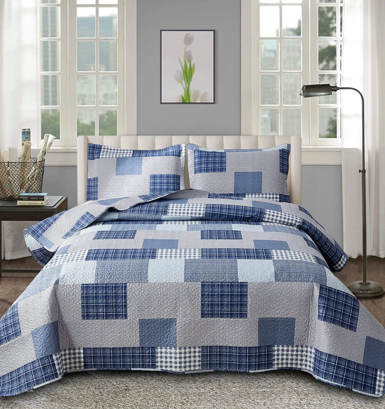 

Navy Blue Plaid Quilt Set Patchwork 3-Piece Lightweight Plaid Bedding Set Stripe Quilt Reversible Grid Coverlet Bedspread