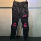 Осенние модные уличные обтягивающие эластичные джинсовые мотоциклетные брюки, облегающие черные Лоскутные байкерские джинсы с вышивкой на коленях