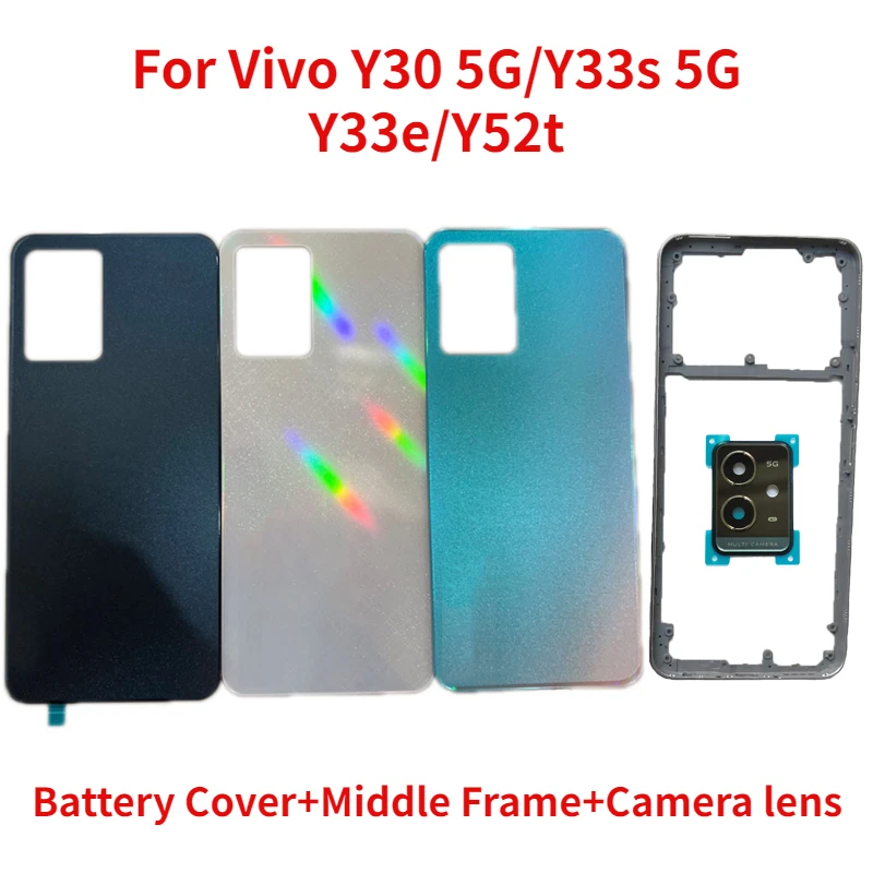 

New Back Cover For Vivo Y30 5G Y33s 5G Y33e Y52t Battery Cover+Middle Frame Rear Door Housing Case with Camera lens+Side Keys