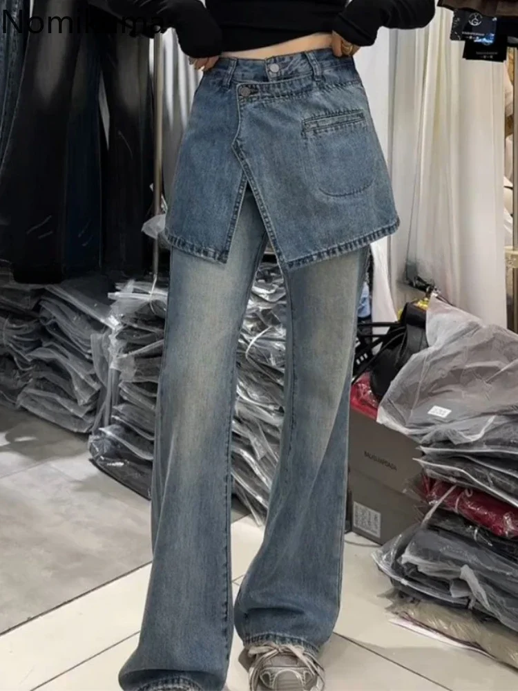 Винтажные синие джинсы для женщин уличная одежда Patchowrk имитация двух