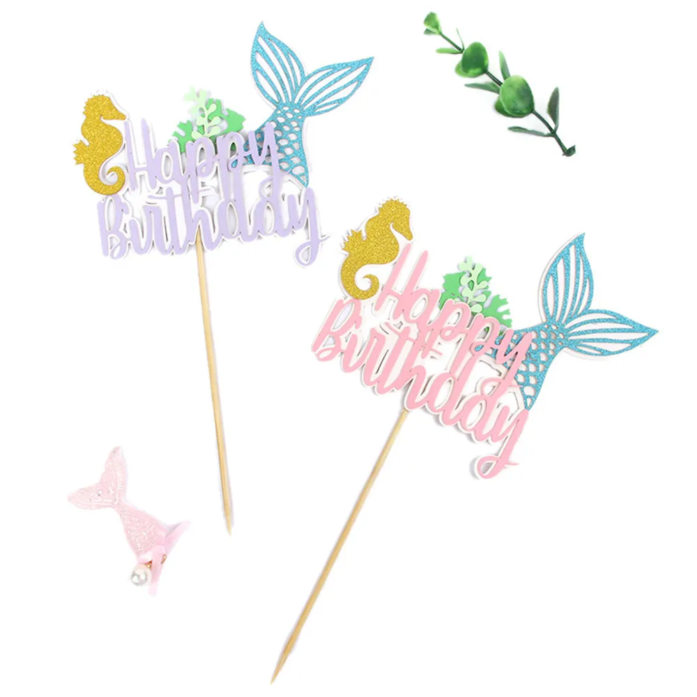 

Mermaid Tail Happy Birthday Cake Decoration Flags for Baby Boy Girl Kids Birthday Party Cartoon Decorations for Cake DIY