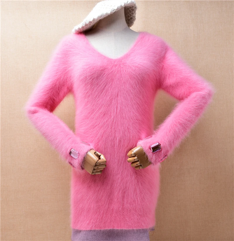 

Ladies Women Fall Winter Clothing Pink Beading Hairy Mink Cashmere Knitted V-Neck Slim Blouses Pullover Angora Fur Sweater Pull