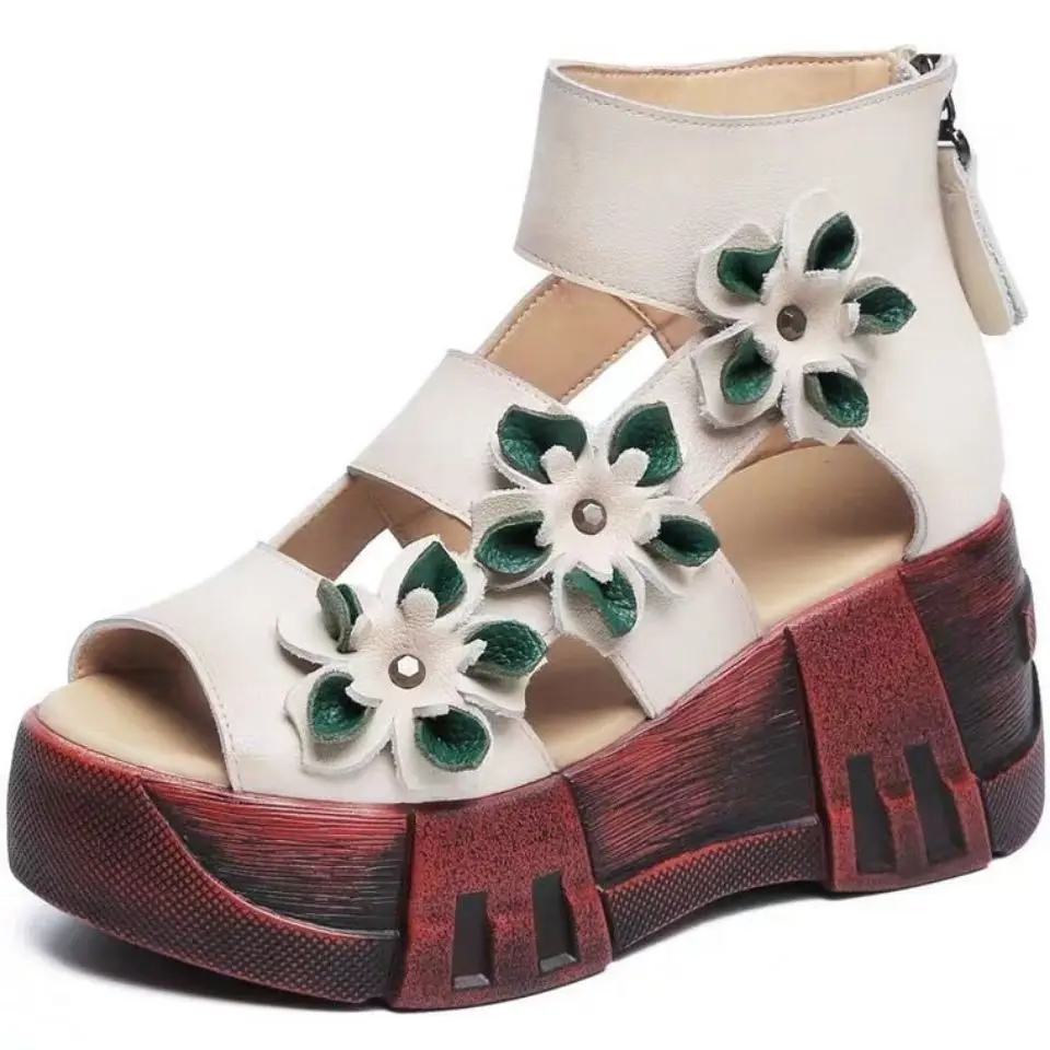 

2022 New High Quality PU Fish Mouth Sandals Classic Flowers Women Fashion Sandals Thick Sole Increase Shoes Summer Wedge Sandals
