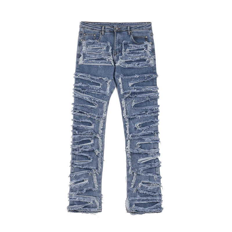 

Fashionable Blue Distressed Ripped Jeans for Men Hip Hop Washed Destroyed Jeans Pants Destruction Skinny Feet Denim Trousers