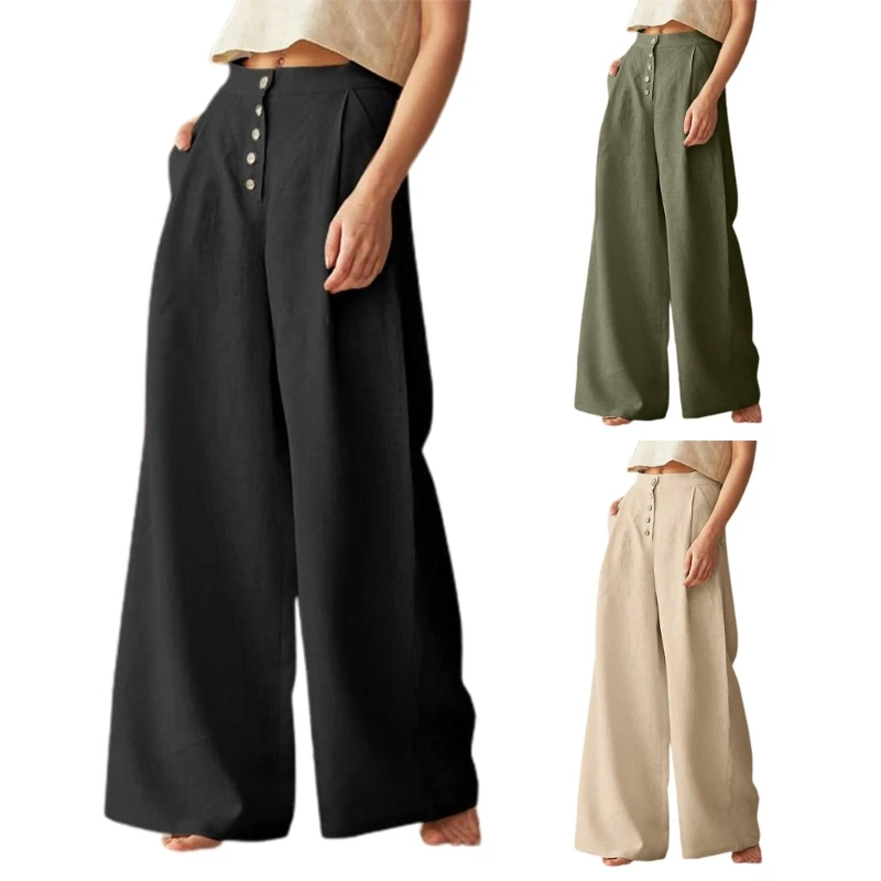 

Брюки женские повседневные с завышенной талией и широкими штанинами, тонкие прямые штаны на пуговицах, 57BD, весна-лето