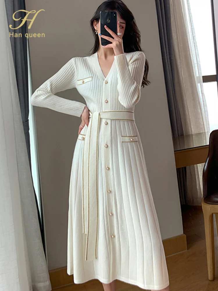 

Женское однобортное платье-свитер H Han Queen, элегантное простое офисное платье-трапеция с V-образным вырезом, Повседневный пуловер на осень