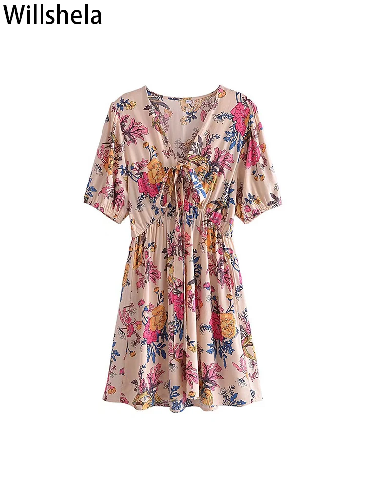 

Willshela Women Fashion Floral Printed Lace Up Mini Dress Vintage V-Neck Short Sleeves Female Chic Lady Dresses