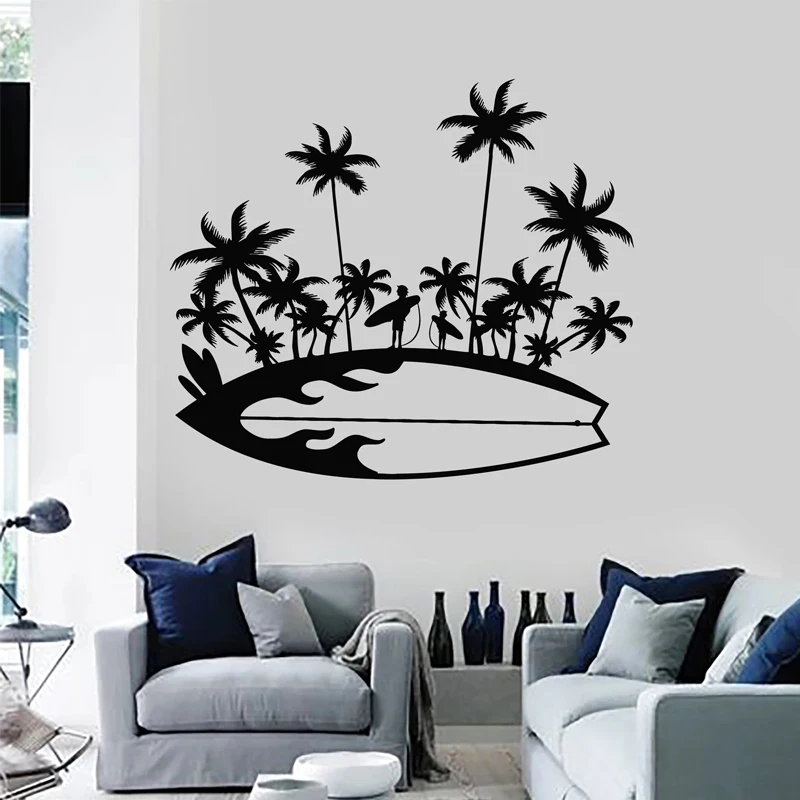 

Surf Wall Sticker Surfer Home Decor Surfboard Palm Tree Vinyl Decal Sea Island Poster Bedroom Living Room Decoration Surfing