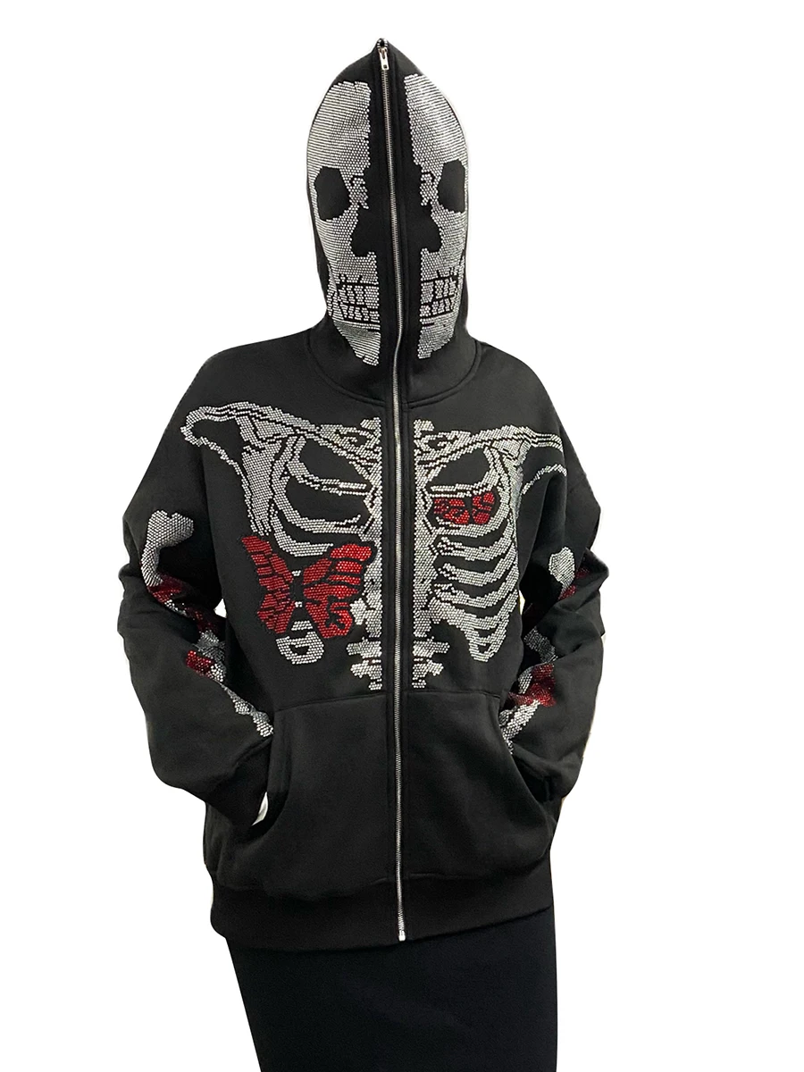 

Women s Full Zip Up Hoodies Oversized Y2k Aesthetic Rhinestone Skeleton Pullover 90s Vintage Sweatshirts Streetwear