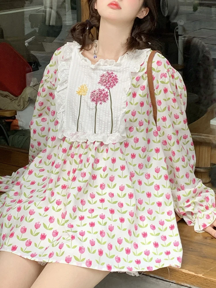 

KIMOKOKM Autumn French Sweetheart Sweet Flower Printing Gentle Pullover Shirt For Women Full Sleeve Lace Ruffles Doll Shirt