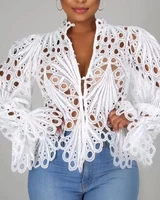 women white lace v neck hollow out t shirts long sleeve blouse eyelet embroidery button front bell sleeve tops