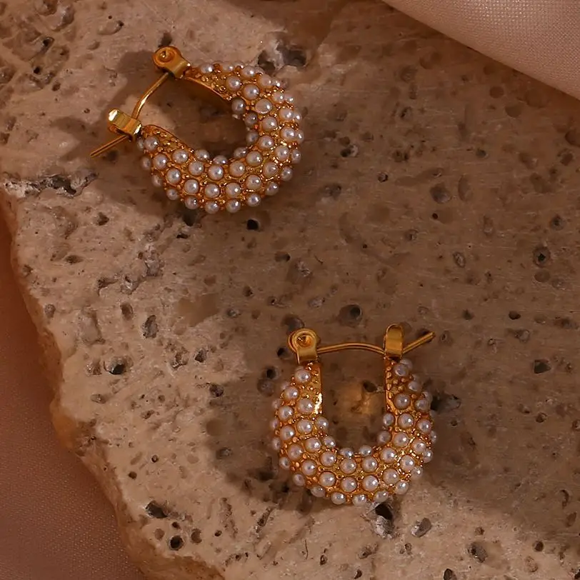 

E.B.belle Small Dainty Hoop Earrings For Women Elegant Luxury Statement Earrings Gold Plated Waterproof Pearl Hoops For Woman