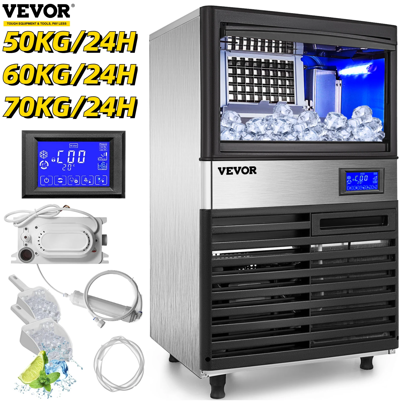 

VEVOR Commercial Cube Ice Maker with Water Drain Pump 50/60/70 KG/24H Freestanding LCD Touch Screen Liquid Freezer Ice Machine