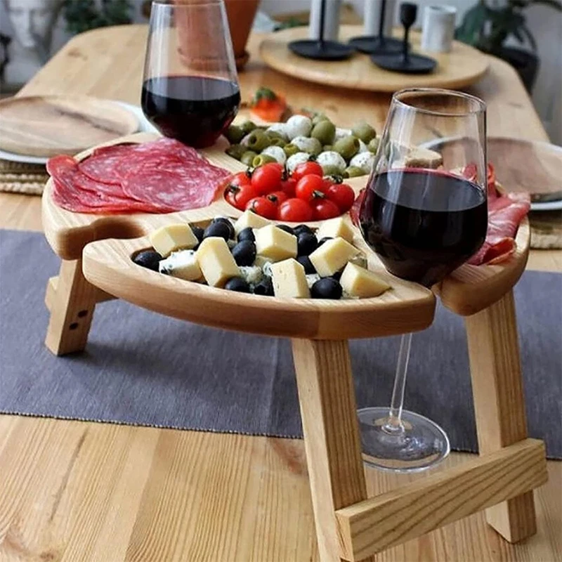 

T5EB Portable Round Wooden Outdoor Folding Picnic Table Glass Holder Garden Wine Beach Camping Table