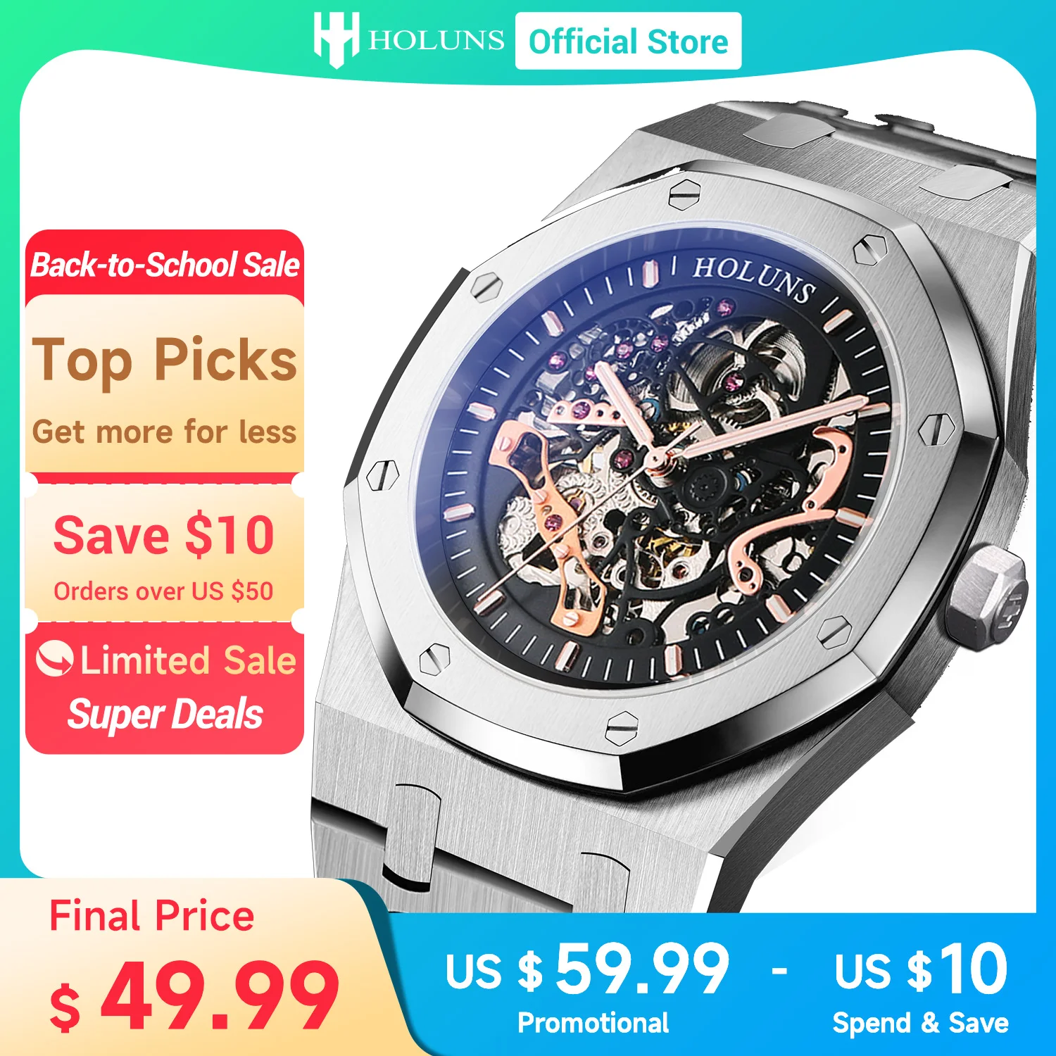 HOLUNS watch men watch automatic mechanical hollow watches classic style 42mm full stainless steel 5 ATM waterproof sapphire sup