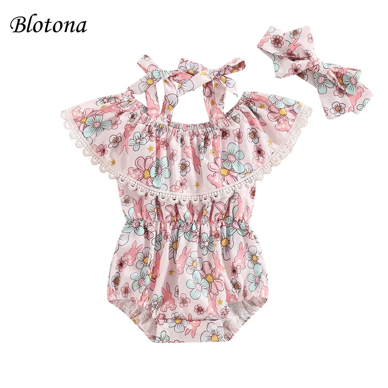 

Blotona Baby Girls 2Pcs Easter Bodysuit Outfits, Sleeveless Off Shoulder Bunny Floral Print Romper with Headband Set 0-24Months