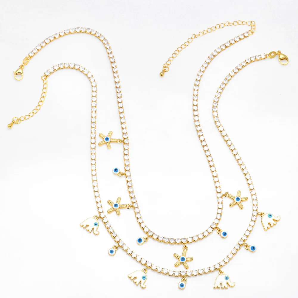 FLOLA роскошное ожерелье для тенниса AAA с цирконом для женщин эмалевое ожерелье с синими глазами бабочкой позолоченное ювелирное изделие на удачу подарки nkeb399