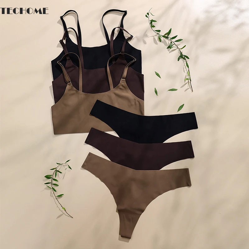 

3sets Bra Lingerie Set Women's Non-steel Ring Halter Vest Deep V Gathering Breathable Sexy Seamless Bra and Panty Set Solid
