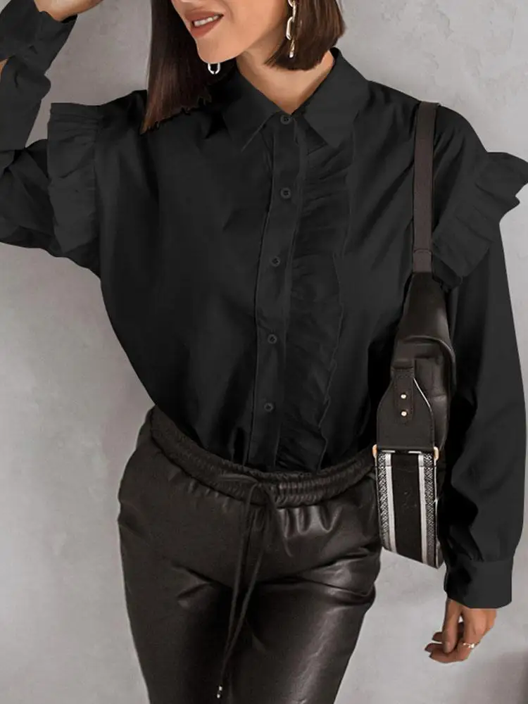

Celmia Lapel Ruffles Shirt 2022 Fashion Women Long Sleeve BF Style Blusas Elegant Buttons Office Casual Oversize Top Femininas 7