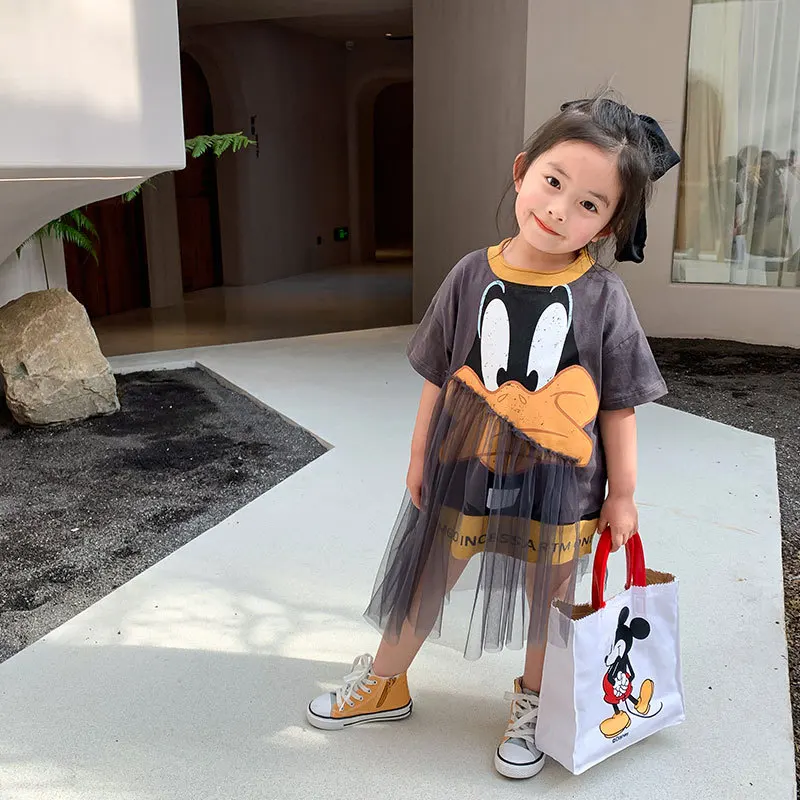 baby girl cute cartoon dress irregular mesh round neck vestidos toddler kids dresses for girls streetwear princess 4 to 14 yrs | Детская