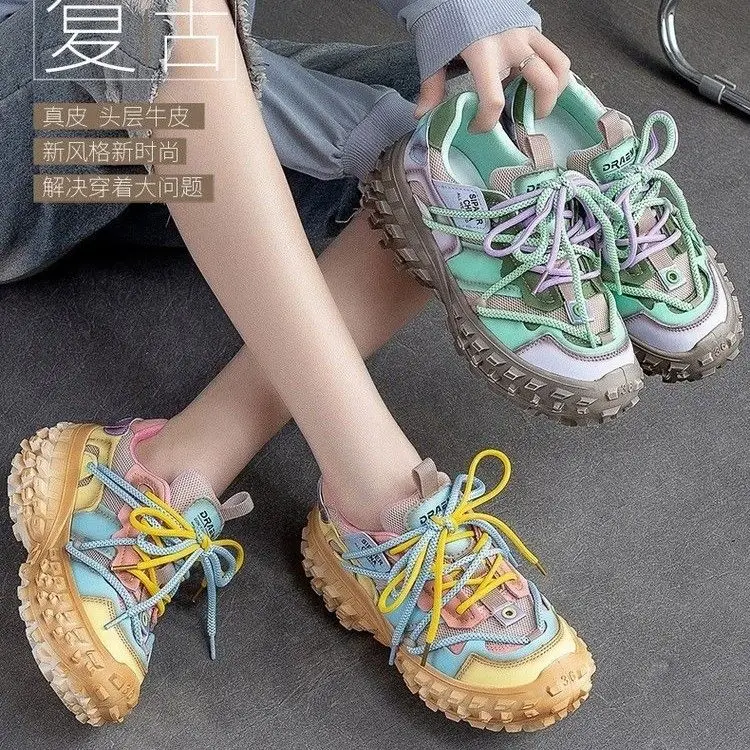Durian Bottom Women's Design Sense Niche 2023 Spring New Platform Casual Color Dad Shoes  High Heels