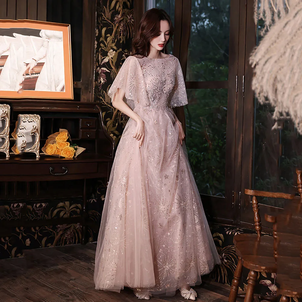 

Fashion O-Neck Half Sleeve Evening Dresses Elegant Tulle Lace Up A-Line Bridesmaid Dress Embroidery Sequin Birthday Party Gown