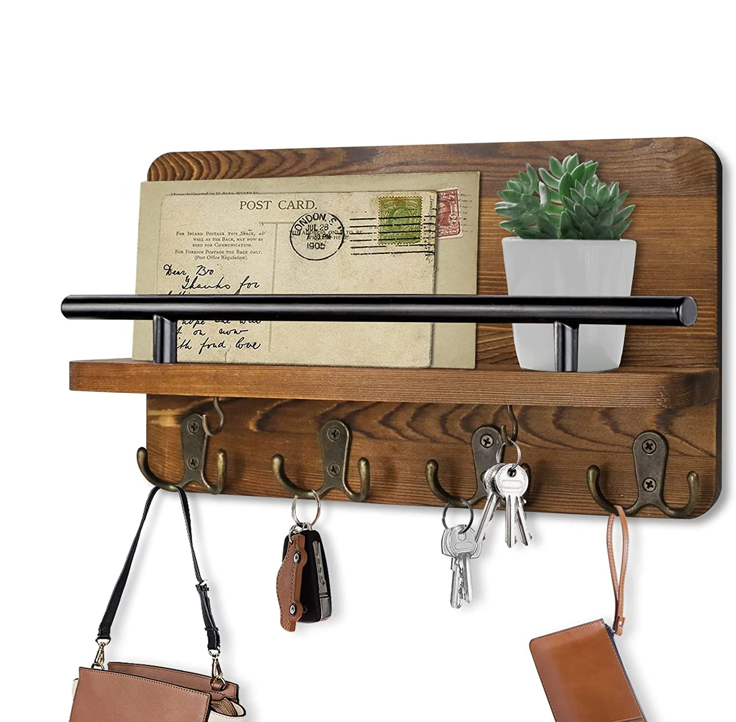 

Key Holder Wall Mounted Mail Holder With 10 Hooks Wooden Decorative Key Hanging Rack Mail Key Organizer Rustic Wall Shelf Decor