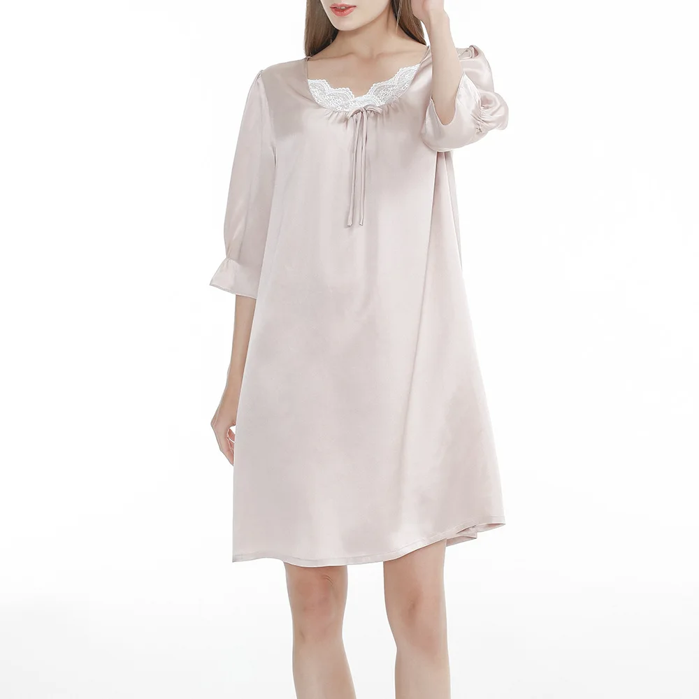 

Mulberry Silk Nightdress Women's Solid Lace Stitching Half Sleeve Pajamas Home Clothes Sexy Sleepwear Sexy Nightwear