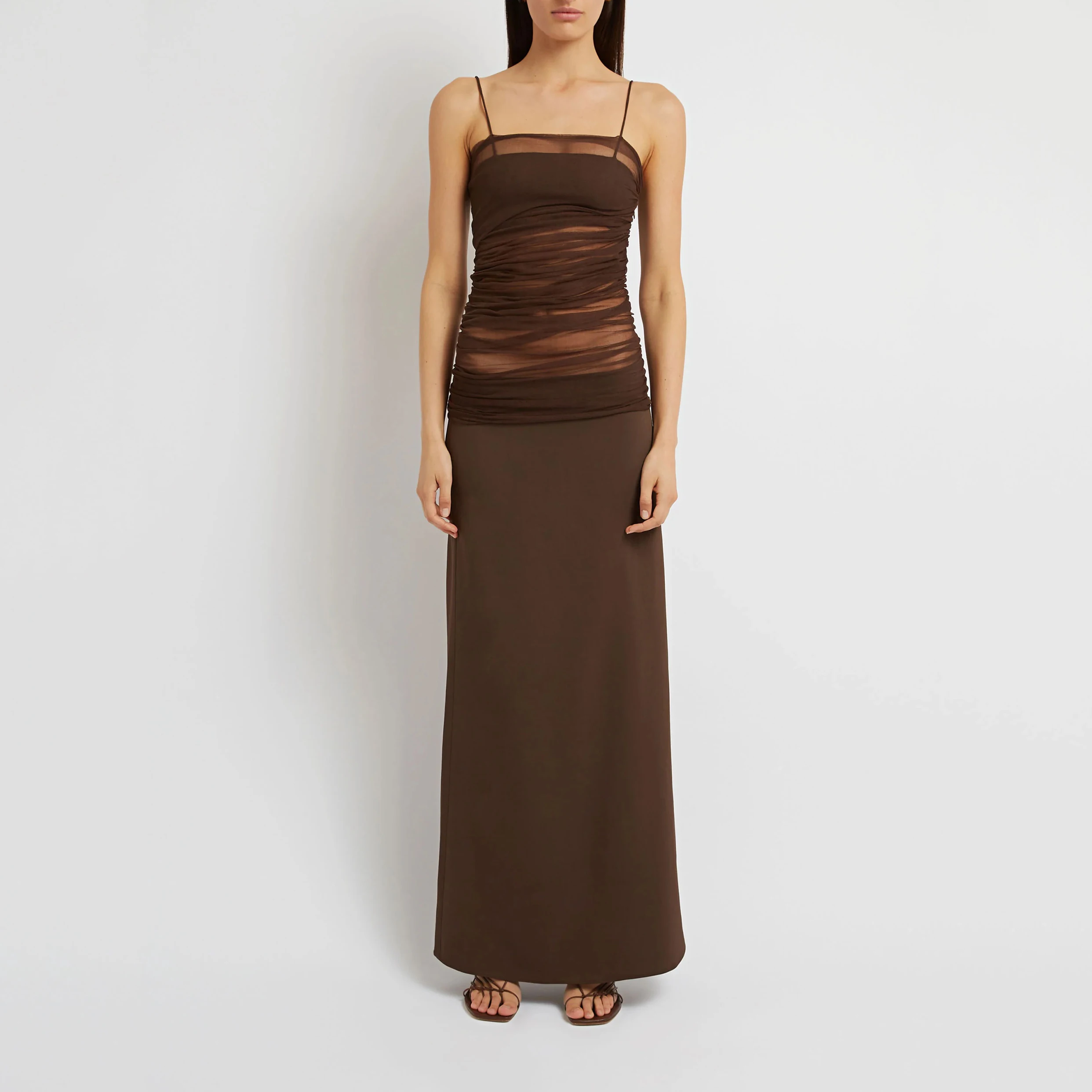 Brown mesh silk see-through halter Dresses fashionable sexy high waist Slim splicing fake two Women's dress 2023 summer new