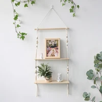 double layer macrame hanging shelves floating shelf for plants boho home decor wood wall shelves for bedroom living room