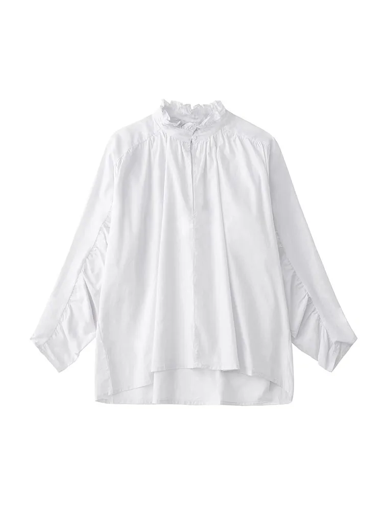 

XEASY Blouse 2022 New Fashion Office Chic Blouse Ladies Lace Collar Pleated Long Sleeve Cotton Top
