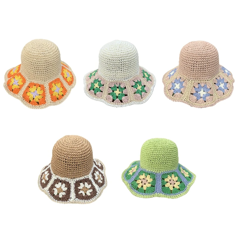 

Crochet Floral Crochet Bucket Hat Multicolor Foldable Wide Brim Hat Cool